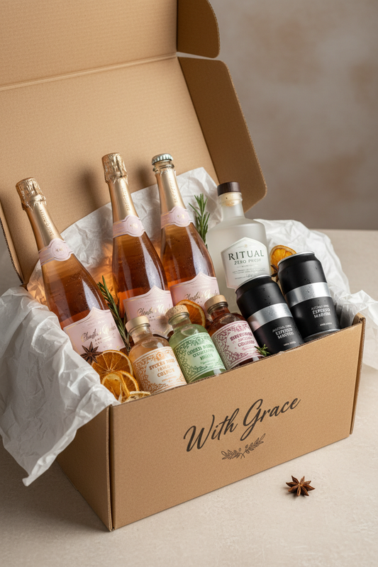 Can you create a portrait style image with a subscription box of alcohol-free drinks in a box that says 'With Grace'